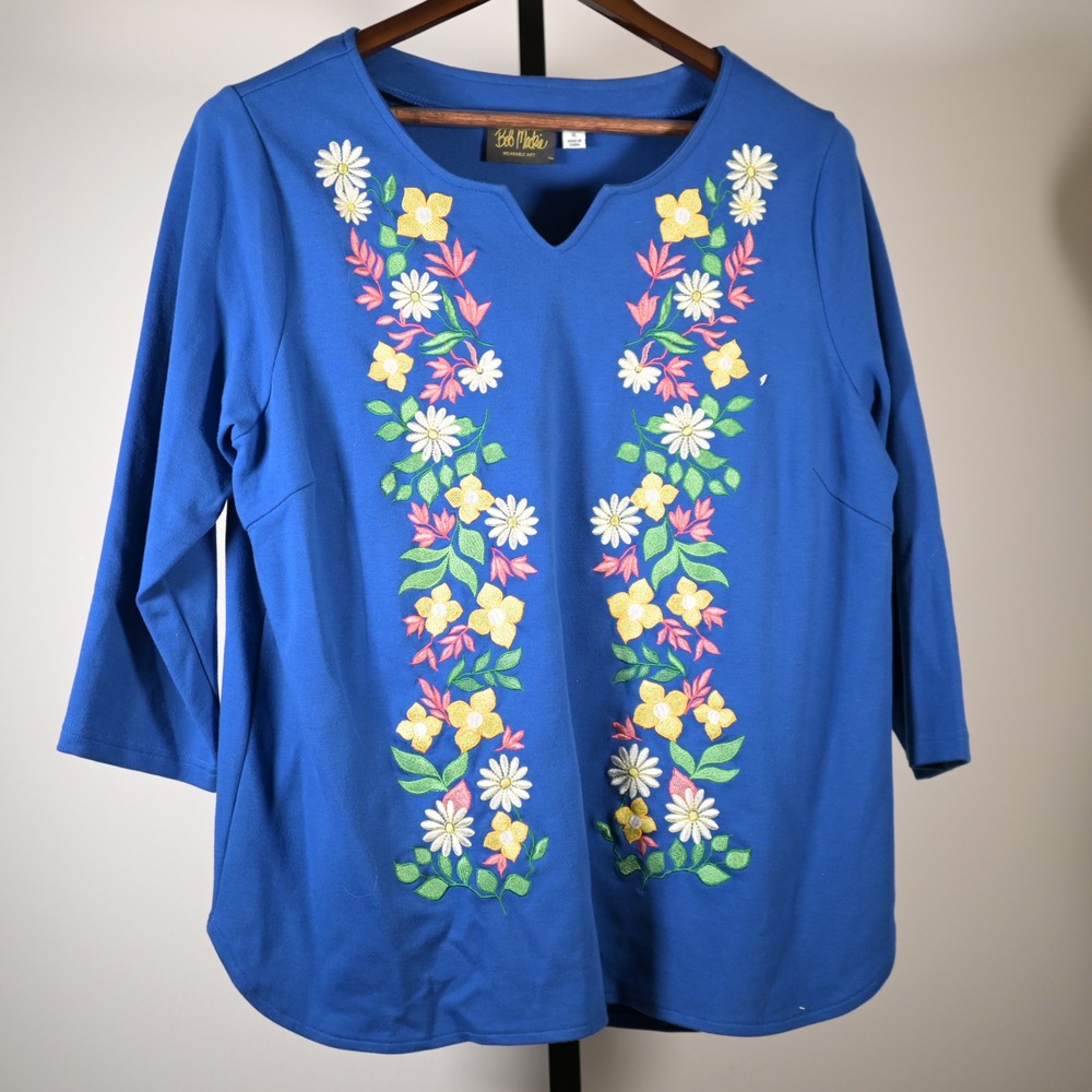 Bob Mackie Wearable Art Blue Floral Embroidered Split Neck 3/4 Sleeve Top XL